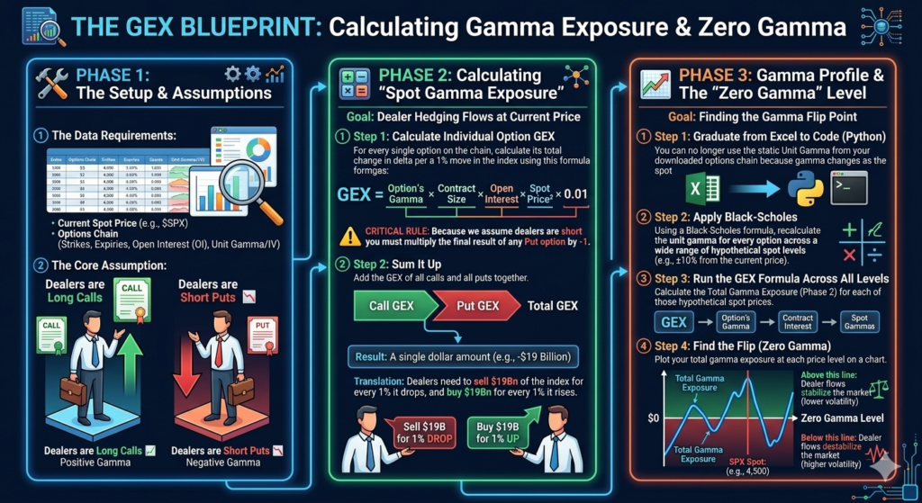 Net GEX is the sum of all dealer gamma obligations across every strike. Positive (blue) = stabilizing. Negative (red) = amplifying.