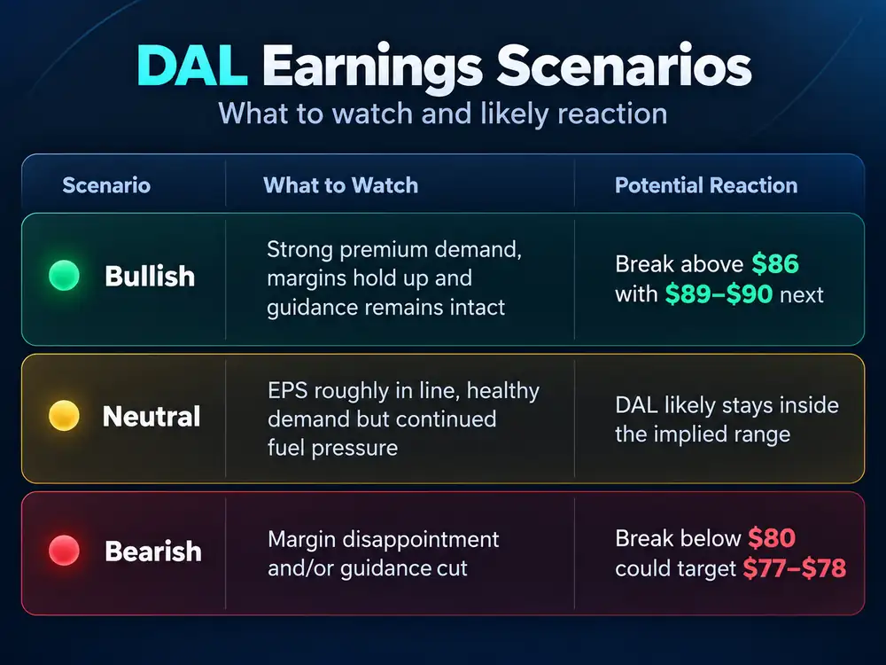 DAL earnings scenarios table: bullish case breaks above $86 with $89–$90 next, neutral case stays inside the implied range, bearish case breaks below $80 and could target $77–$78
