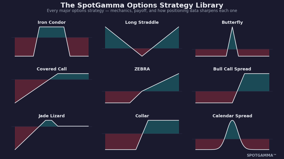 Nine labeled options strategy payoff diagrams from the SpotGamma strategy library